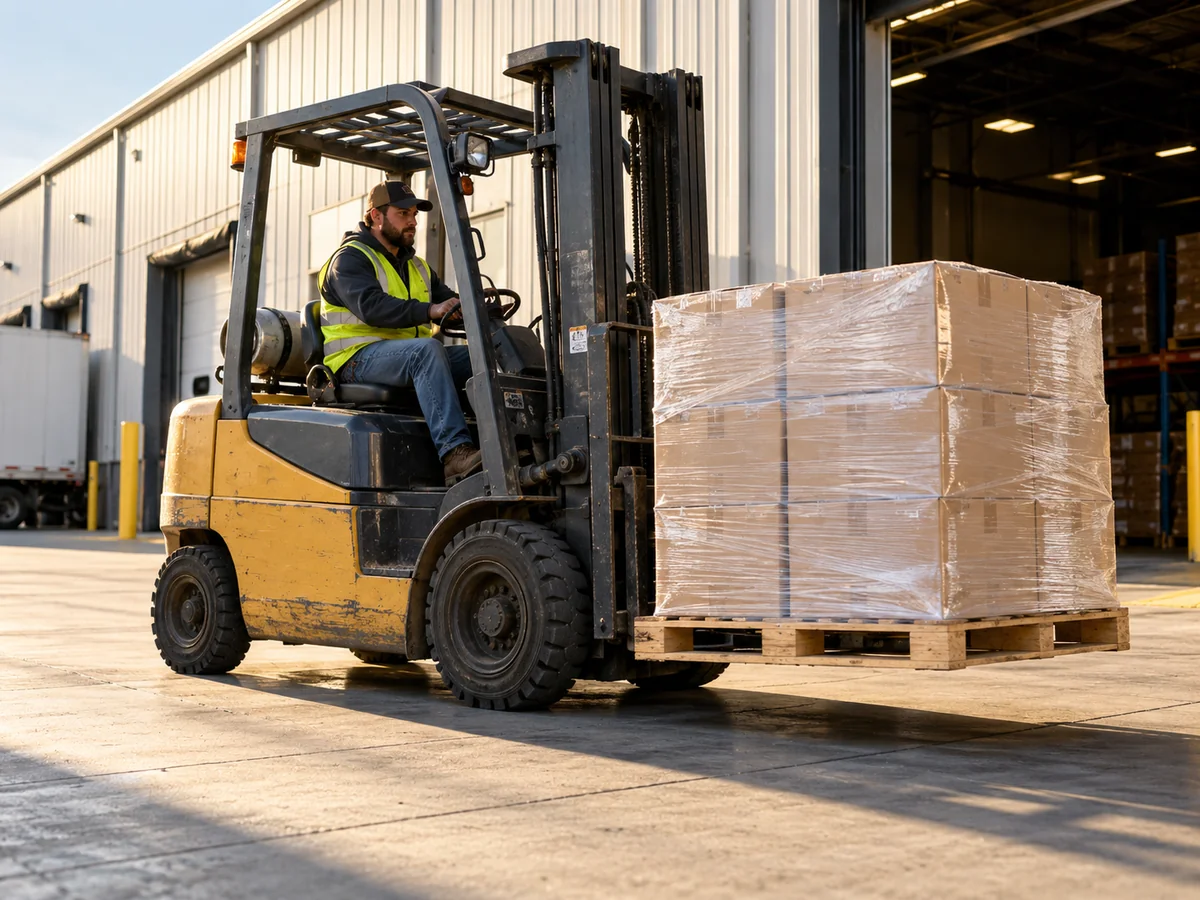 Illustrative forklift carrying a wrapped pallet near a loading dock in warm daylight.