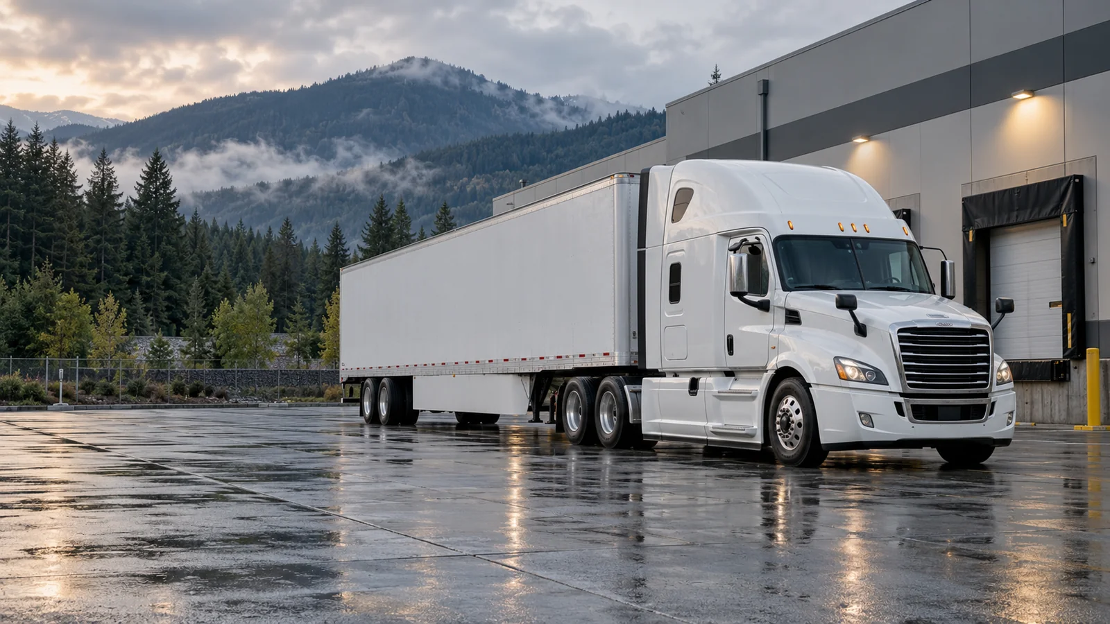 Illustrative white semi-truck and dry van trailer outside a forest-lined freight terminal.