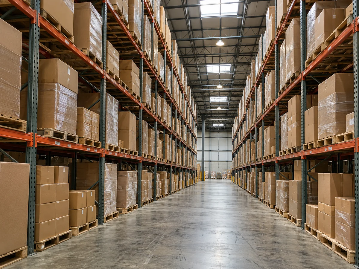 Illustrative warehouse aisle with pallet racking and natural light from overhead skylights.
